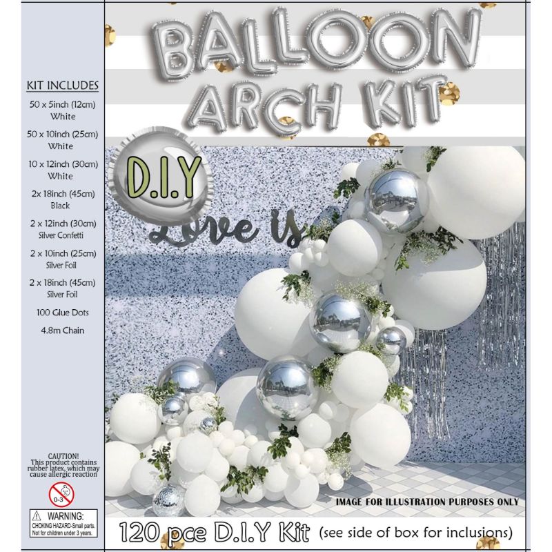 120 Pieces Silver & White Balloon Arch Kit