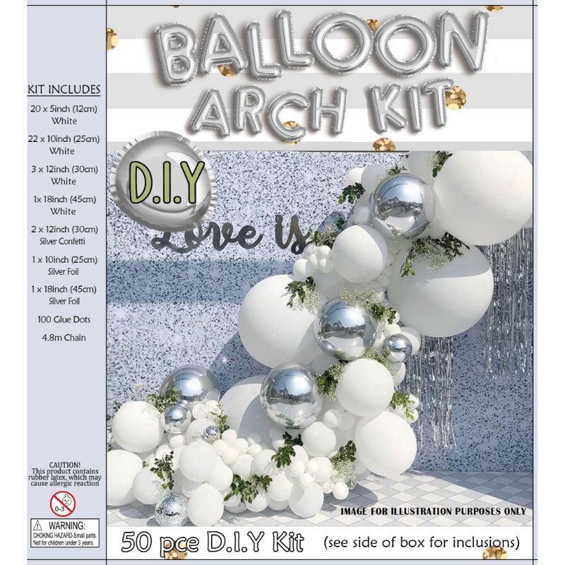50 Pieces Silver & White Balloon Arch Kit