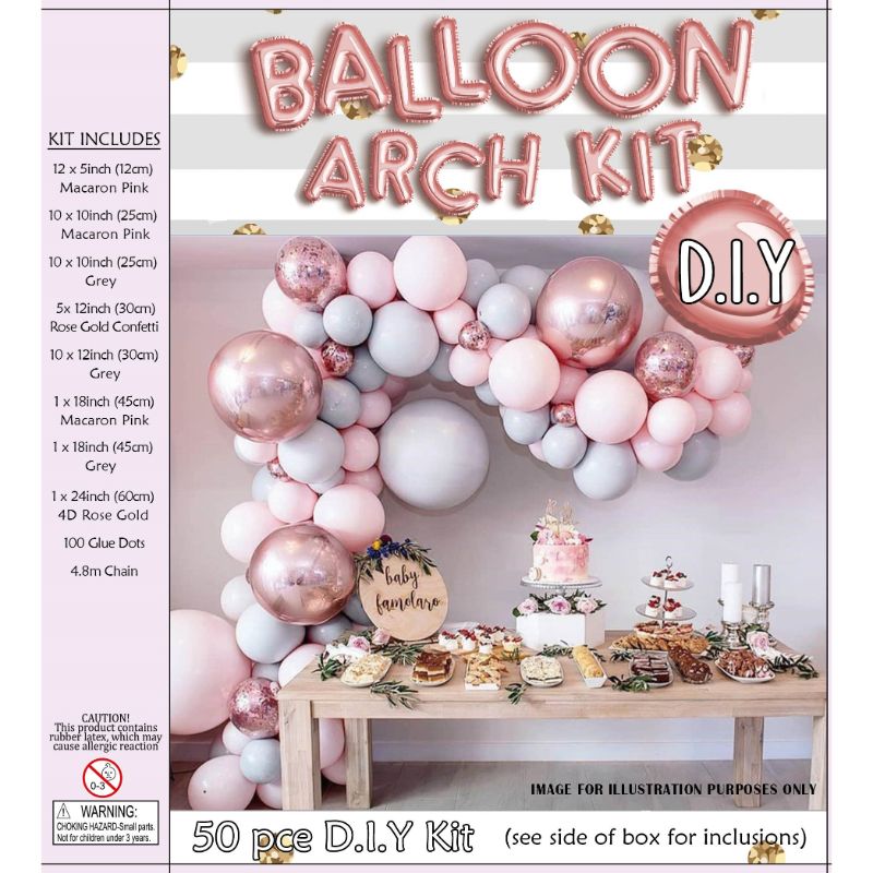 50 Pieces Pink, Grey & Rose Gold Balloon Arch Kit