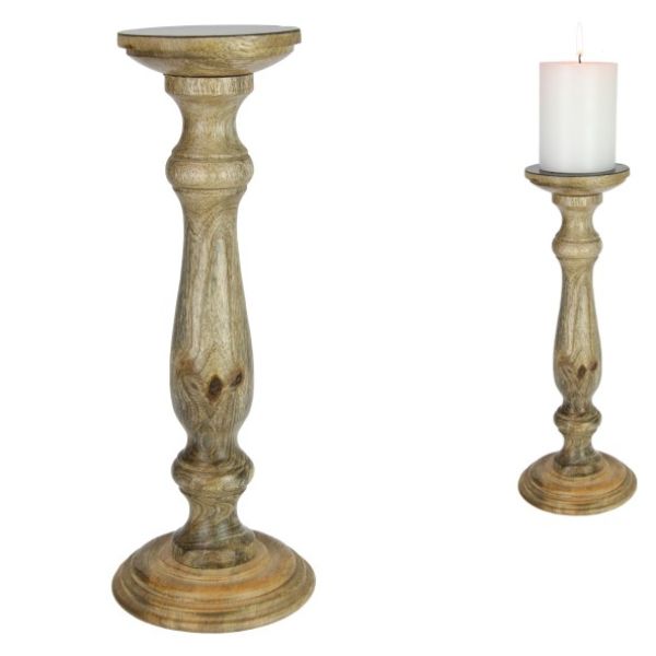 Teak Finish Wood Pillar Candle Holder - 34cm