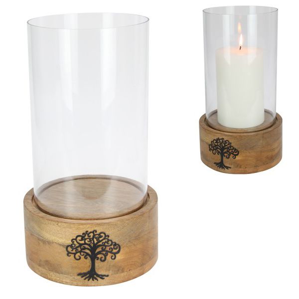 Glass Pillar Candle Holder with Timber Base and Tree of Life Design - 35cm