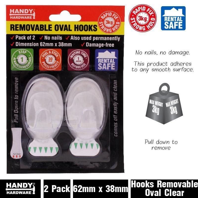 2 Pack Removable Clear Oval Hooks - 62mm x 38mm - The Base Warehouse