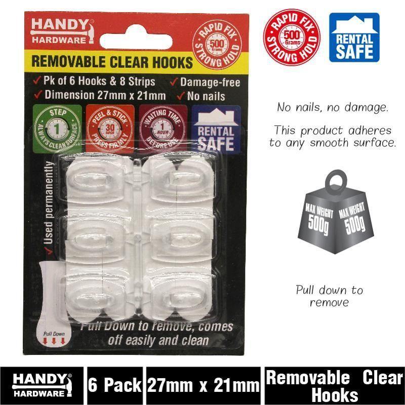 6 Pack Removable Clear Hooks - 2.7m x 2.1cm - The Base Warehouse