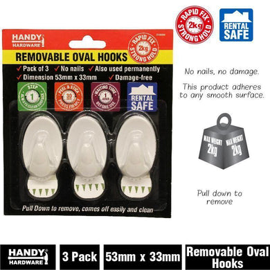 3 Pack Removable Oval Hooks - 53mm x 33mm - The Base Warehouse