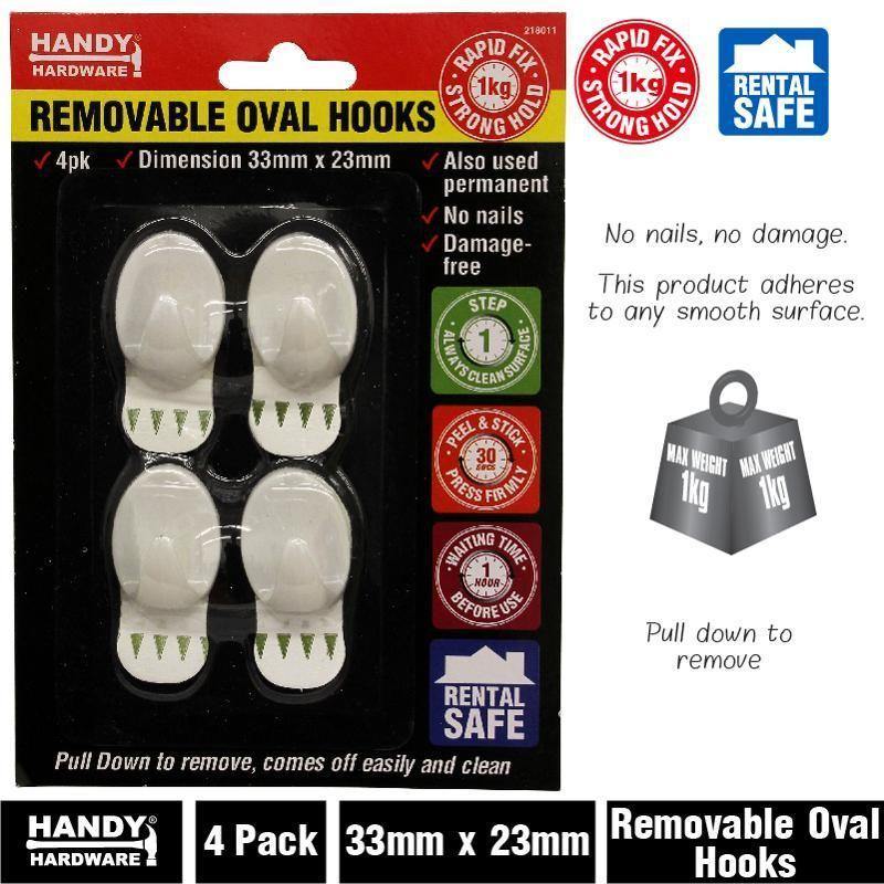 4 Pack Removable Oval Hooks - 33mm x 23mm - The Base Warehouse