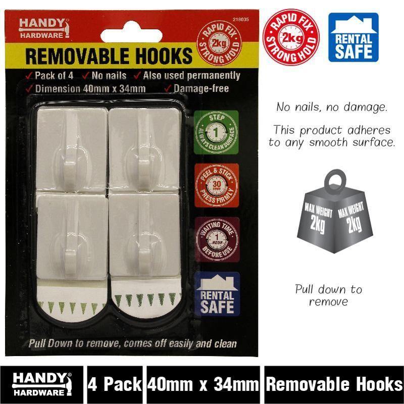 4 Pack Removable Square Hooks - 40mm x 34mm - The Base Warehouse