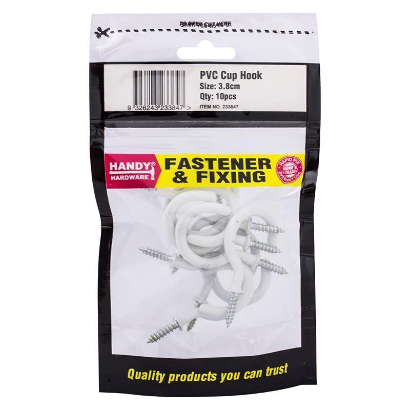 10 Pack Bag of White PVC Cup Hooks - 3.8cm - The Base Warehouse