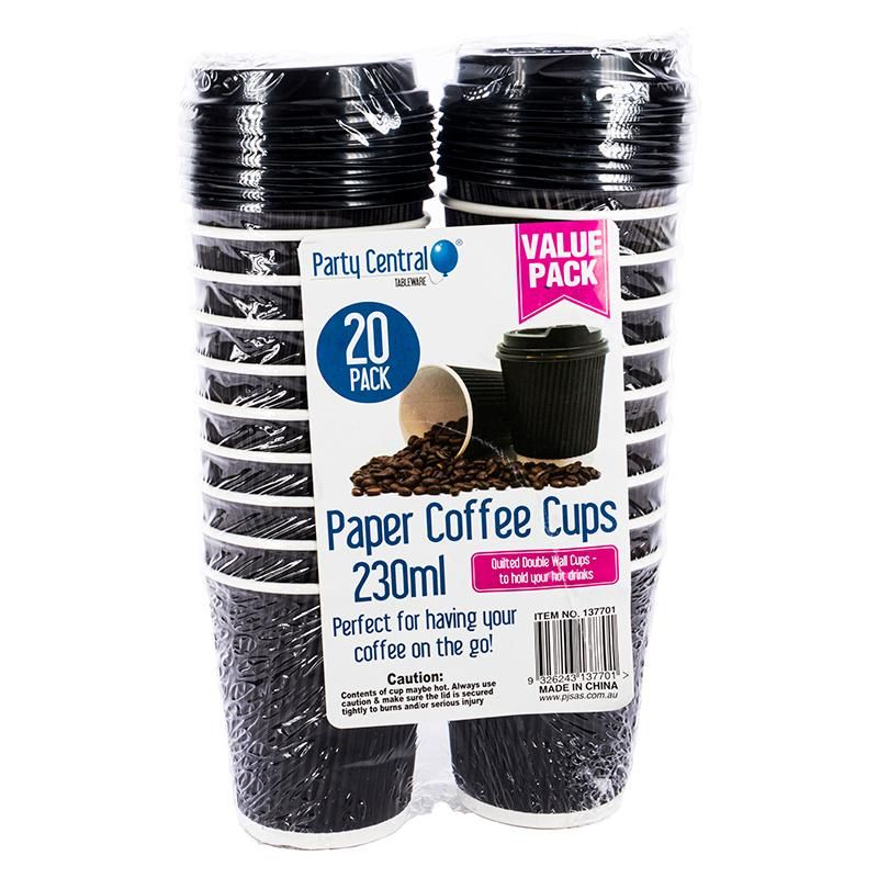 20 Pack Black Ripple Wall Paper Coffee Cups - 230ml