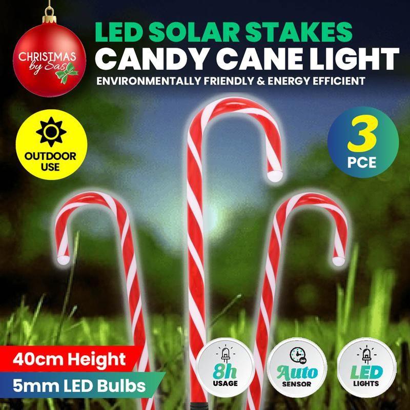 3 Pack Cool White Solar Light Candy Cane Stakes - 40cm