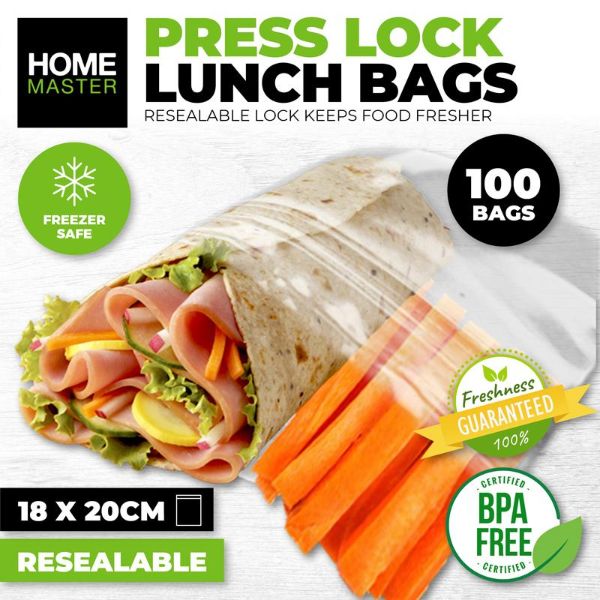 100 Pack Reusable Snap Lock Lunch Bag - 18cm x 20cm