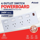 Load image into Gallery viewer, White 240V 10A Max Load 2400W 4 Outlets With Individual Swith &amp; Overload Protection Power Board - 1m
