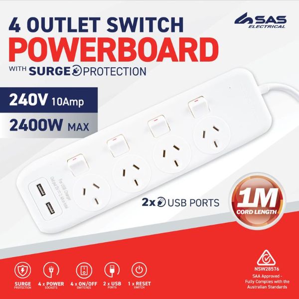 White 240V 10A Max Load 2400W Power Board With 2 USB Ports - 1m