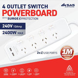 Load image into Gallery viewer, White 240V 10A Max Load 2400W Power Board With 2 USB Ports - 1m
