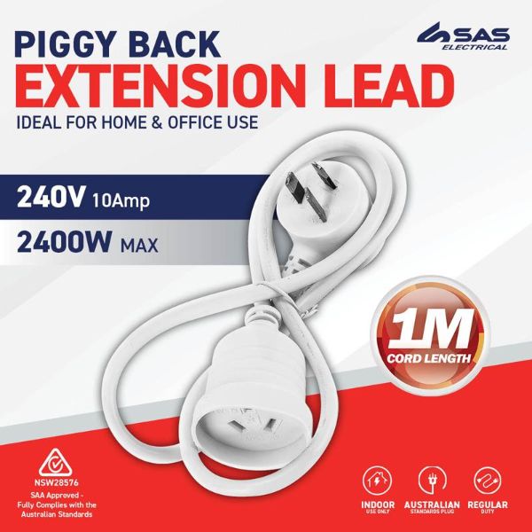 White 240V 10A Max Load Piggy Back Extension Lead - 1m