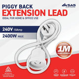 Load image into Gallery viewer, White 240V 10A Max Load Piggy Back Extension Lead - 1m
