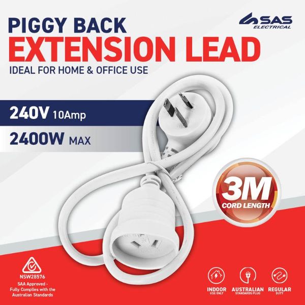 White 240V 10A Max Load Piggy Back Extension Lead - 3m