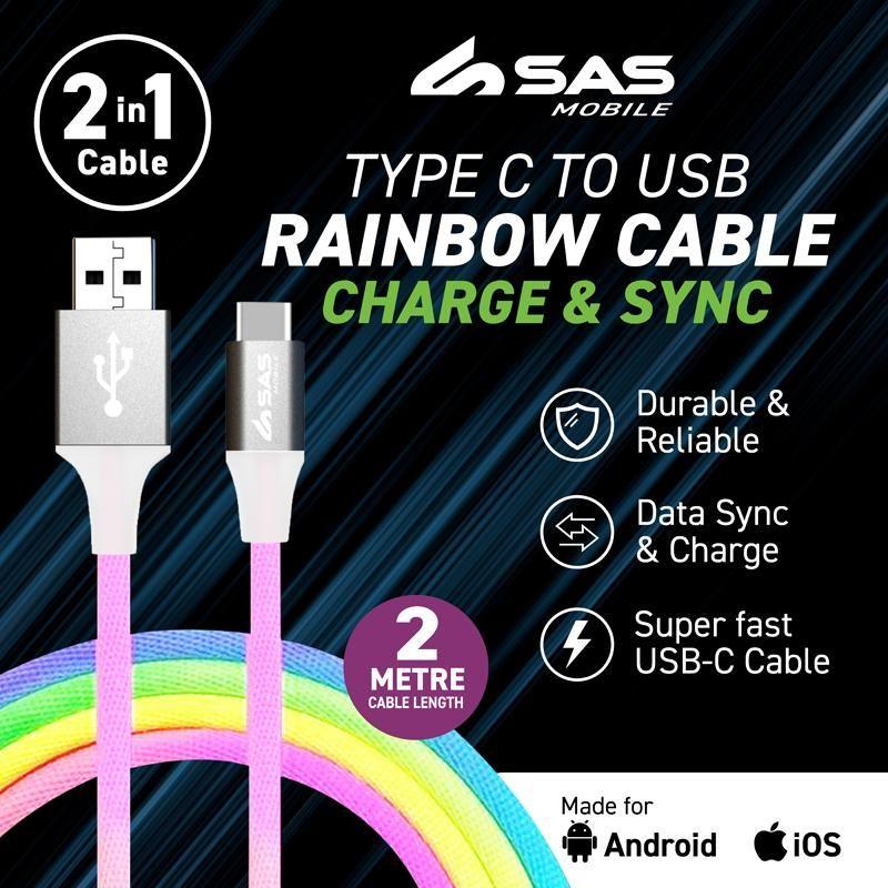 Type C to USB Rainbow Charge & Sync Cable - 2m