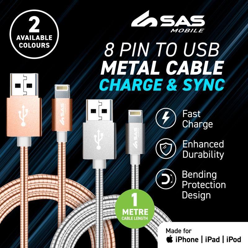 8 Pin to USB Metal Charge & Sync Cable - 2m