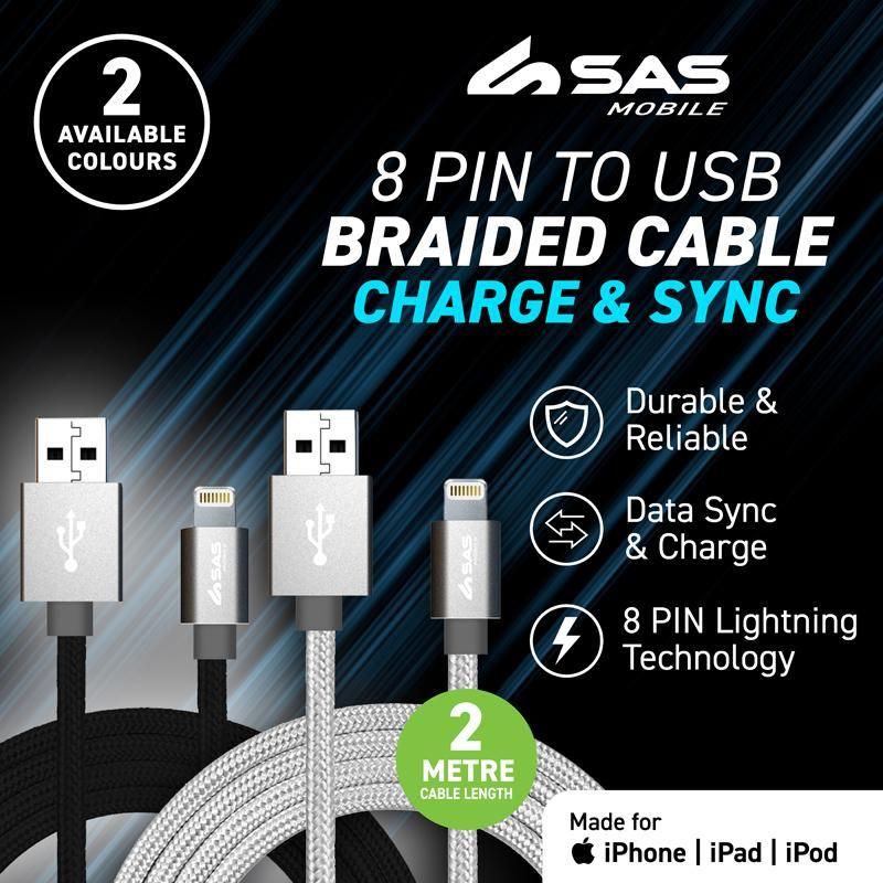 8 Pin to USB Braided Charge & Sync Cable - 2m