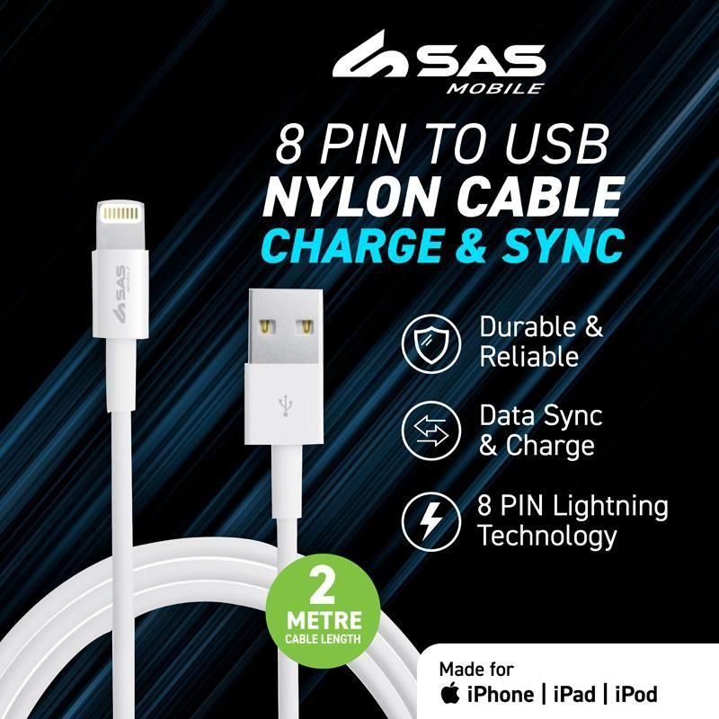 8 Pin to USB Nylon Charge & Sync Cable - 2m