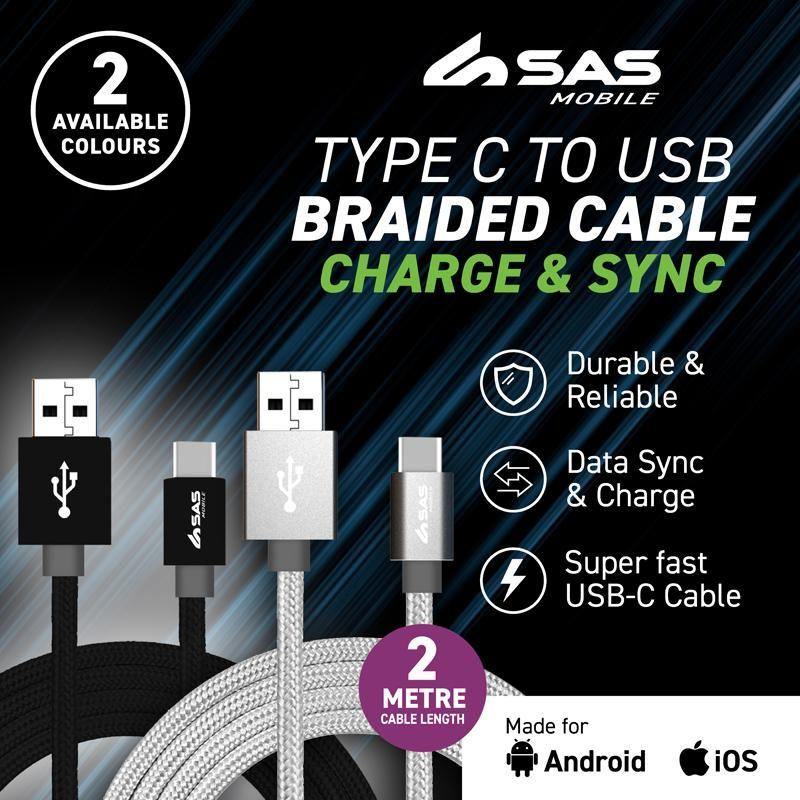 Type C to USB Braided Charge & Sync Cable - 2m