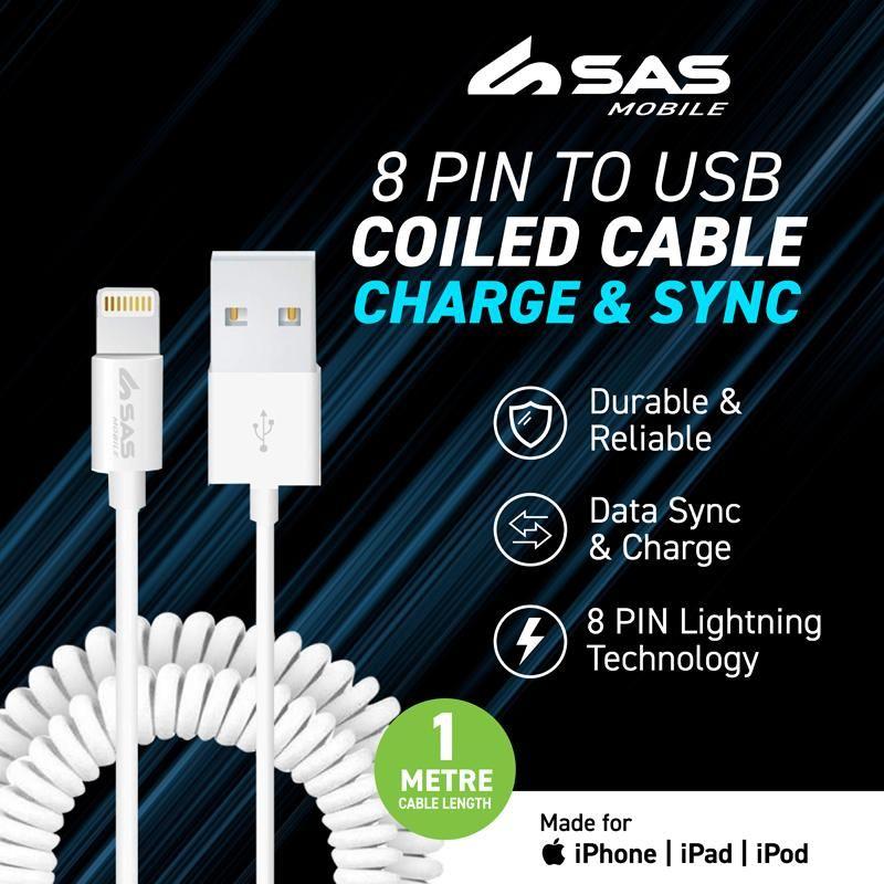 Charge & Sync Coiled 8 Pin Cable 1m- Suitable for iPhone