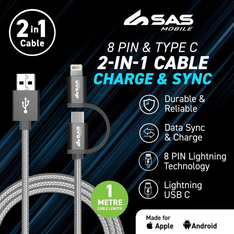 2 in 1 Type C & 8 Pin to USB Charge & Sync Cable - 1m