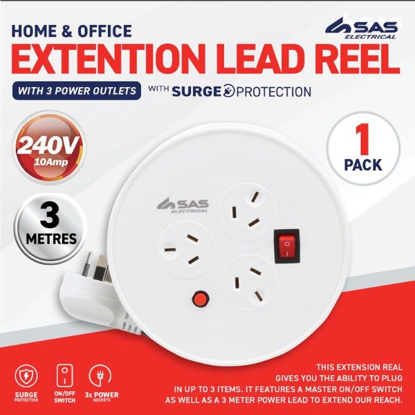 White 240V 10A Max Load 2400W Extension Lead - 3m