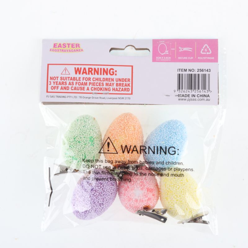 6 Pack Polystyrene Decorative Easter Eggs with Clip - 5cm x 3.5cm