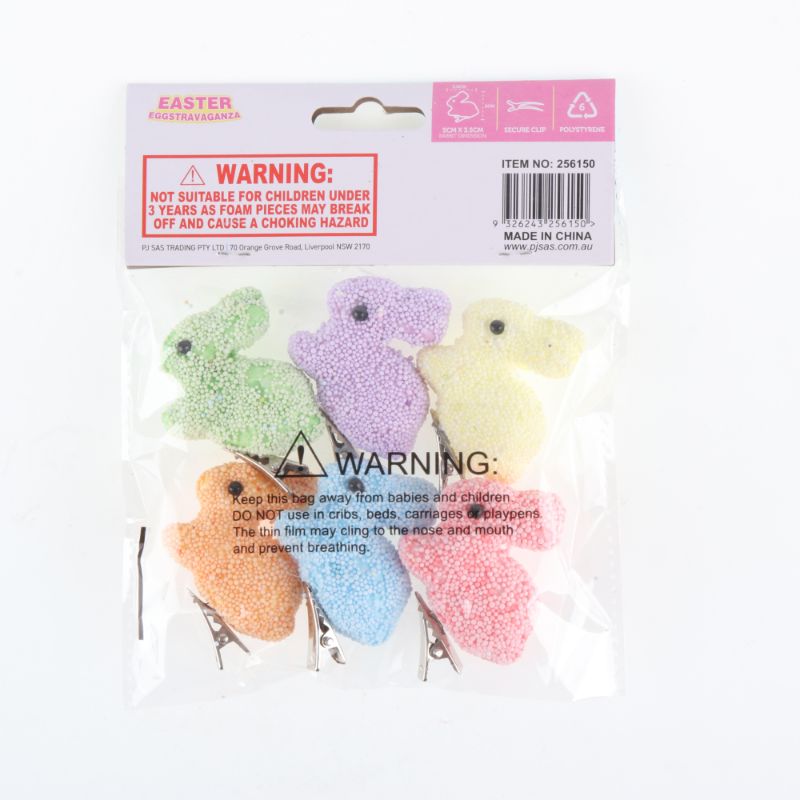 6 Pack Polystyrene Decorative Easter Rabbit with Clip - 5cm x 3.5cm