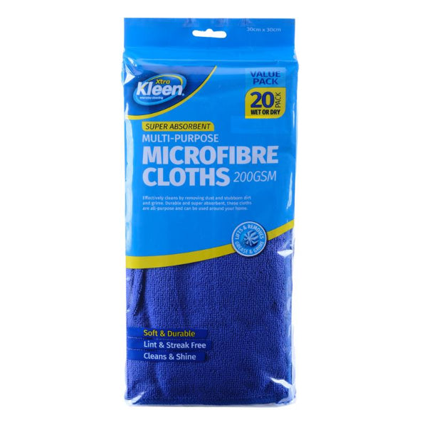 20 Pack White and Blue Microfibre All Purpose Cleaning Cloth - 30cm x 30cm