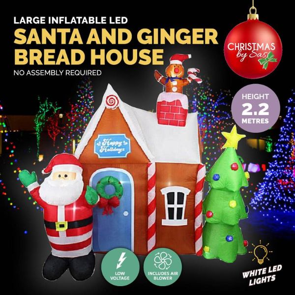 Large Inflatable LED Santa & Ginger Bread House - 2.2m
