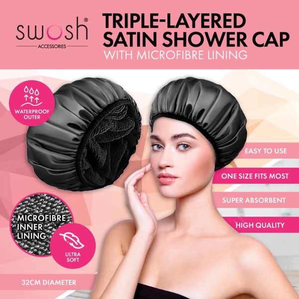 Black Satin Shower Cap With Microfibre Lining - 32cm