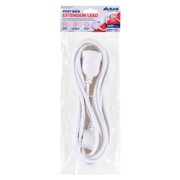 White 240V 10A Max Load 240W Piggy Back Extension Lead - 5m