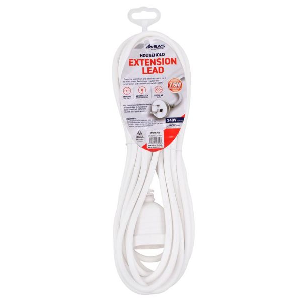 White 240V 10A Max Load 240W Extension Lead - 7.5m