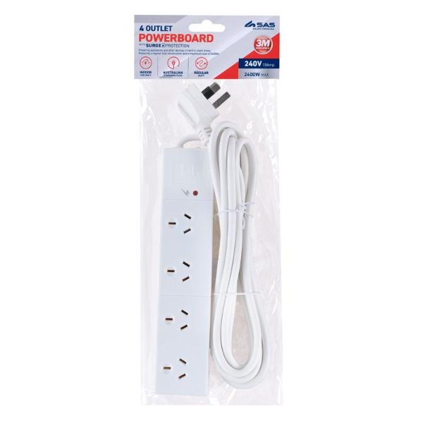 White 240V 10A Max Load 240W With Surge Protection Power Board - 3m