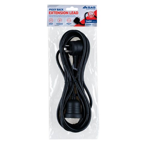 Black 240V 10A Max Load 2400W Piggy Back Extension Lead - 500cm