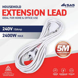 Load image into Gallery viewer, White 240V 10A Max Load 2400W Extension Lead - 5m
