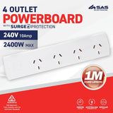 Load image into Gallery viewer, White 240V 10A Max Load 2400W 4 Outlets With Surge Protection - 1m
