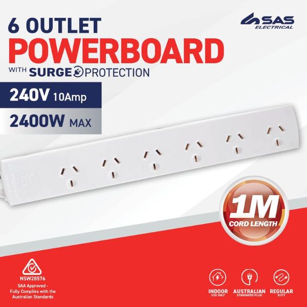 White 240V 10A Max Load 2400W 6 Outlets With Overload Protection Power Board - 1m