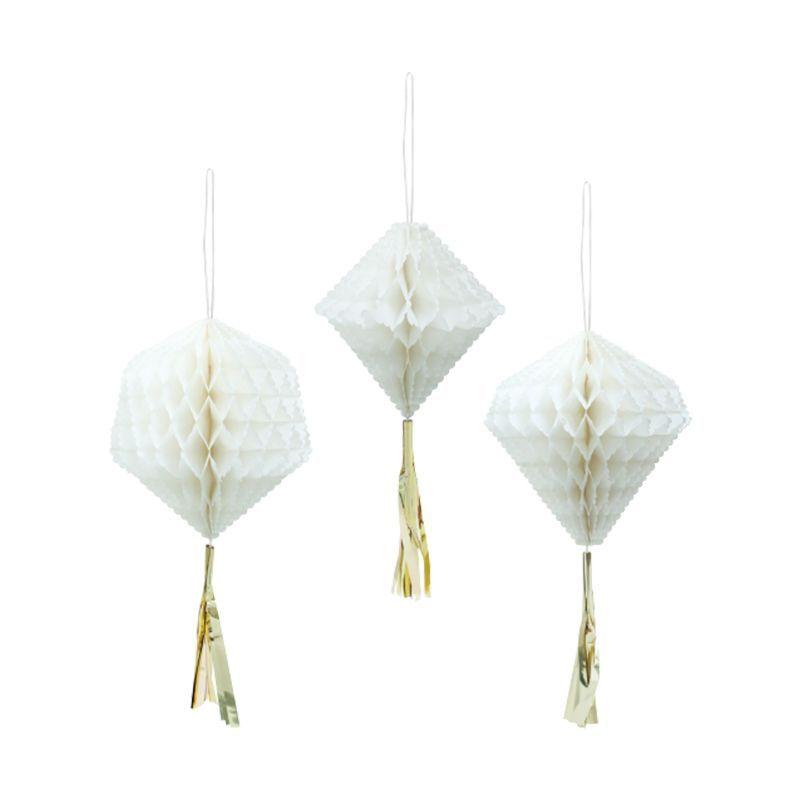 3 Pack White Honeycomb with Tassels - 20cm, 22cm & 24cm
