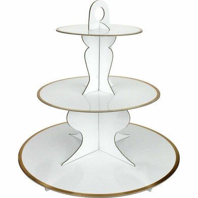 3 Tier White Cake Stand with Gold Foil Edge - 34cm x 35cm - The Base Warehouse