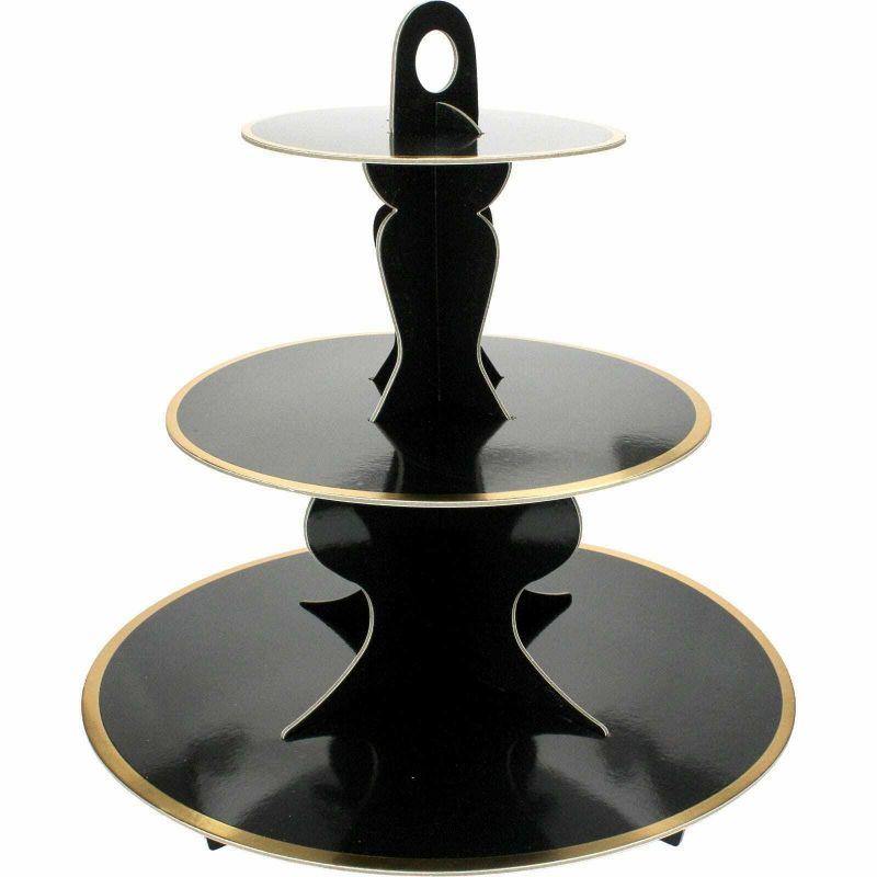 3 Tier Black Cake Stand with Gold Foil Edge - 34cm x 35cm - The Base Warehouse