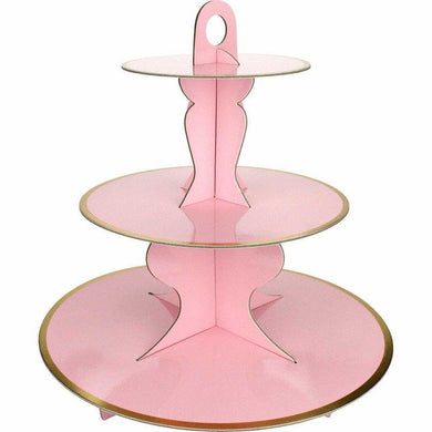 3 Tier Pink Cake Stand with Gold Foil Edge - 34cm x 35cm - The Base Warehouse
