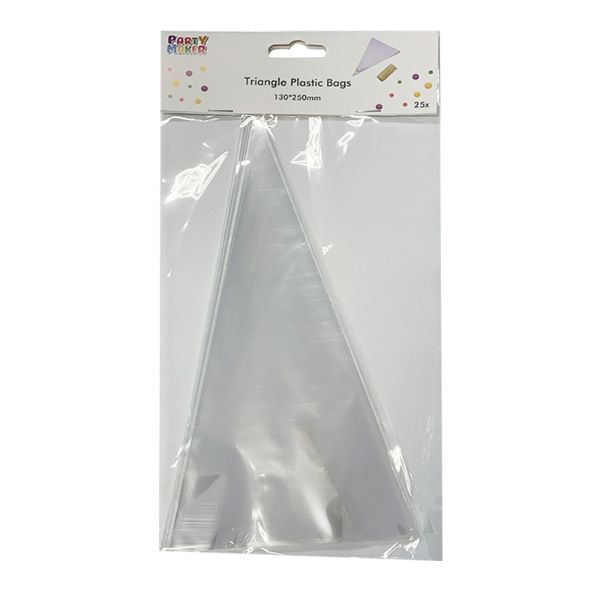 25 Pack Triangle Plastic Bags with Gold Tie - 13cm x 25cm