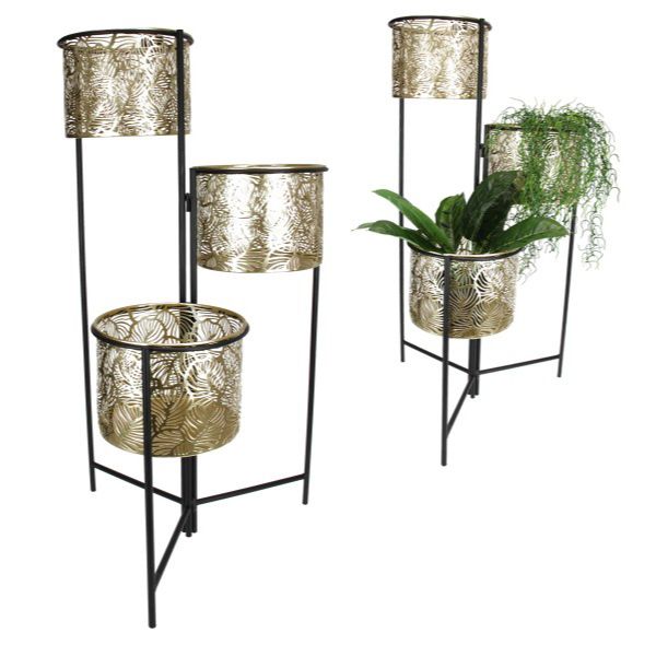 Black and Gold 3 Tier Pot Planter Stand with Fern Design - 80cm