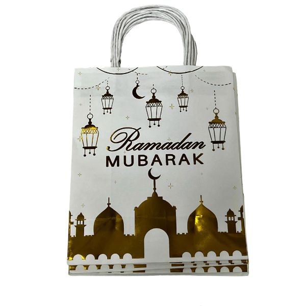 6 Pack White & Gold Ramadan Gift Bag - 21cm x 15cm x 8cm