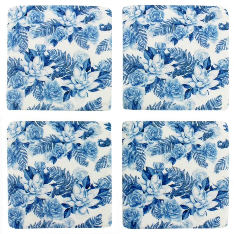 4 Set Blue Floral Resin Coasters - 10cm