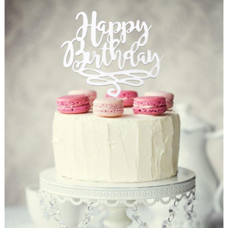 White Happy Birthday Cake Topper - 13cm x 17cm