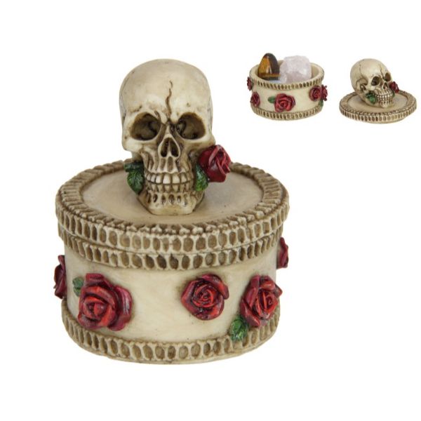 Skull On Box With Roses - 8cm